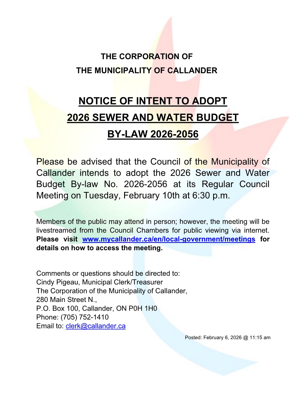 NOTICE OF INTENT TO ADOPT  2026 SEWER AND WATER BUDGET - BY-LAW 2026-2056